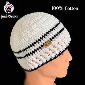 Stylish white cotton black striped  beanie, Handcrafted Kippah, Religious hats, fashionable skull cap, man kufi, Yah Clothing, men beanies