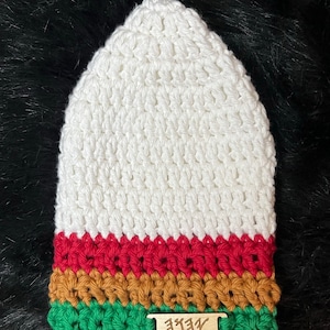 Virkad vit bomullsmössa, Stickad dödskallehatt, Kemotempössa, Yahwears