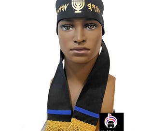Diadema con mitra hebrea israelita, turbante negro para hombre con menorá dorada, escritura paleolítica, Yahwears
