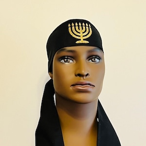 Hebrew Isrealites Mitre headband for men, Israelite Head Wrap with Sacred Name, Black Turban Gold Writing, Headwrap with fringes, Menorah