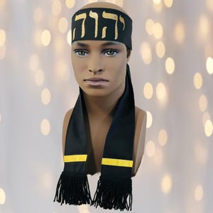 Hebrew Israelites Mitre headband for men, Israelite Head Wrap with Sacred Name, Black Turban Gold Writing, Headwrap with fringes, Set-Apart