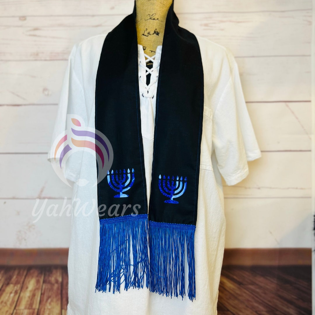 Handmade Hebrew Black Blue Shawl, Hebrew Mitre, Menorah Scarf, Black