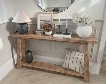 Rustic Wooden Console table with angled legs and lower shelf