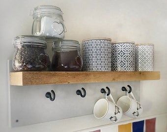 Handmade wooden cup shelf, cast iron hooks, grey shelf, coffee tea sugar pot shelf (pots not included)