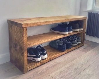 Banco zapatero rústico de madera: almacenamiento extra profundo de pino macizo