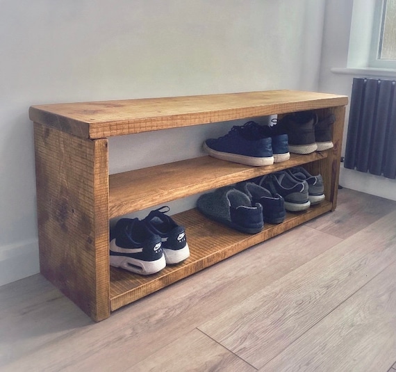 Rustic Wooden Shoe Rack Bench: Extra Deep Solid Pine Storage UK