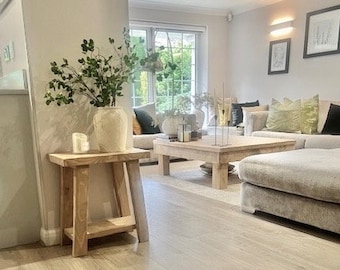 Mesa auxiliar rústica de madera de pino con estante: taburete de noche con estantes