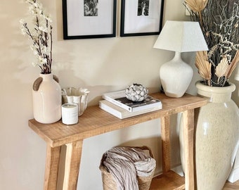 Rustic Wooden Console table with angled legs and lower shelf