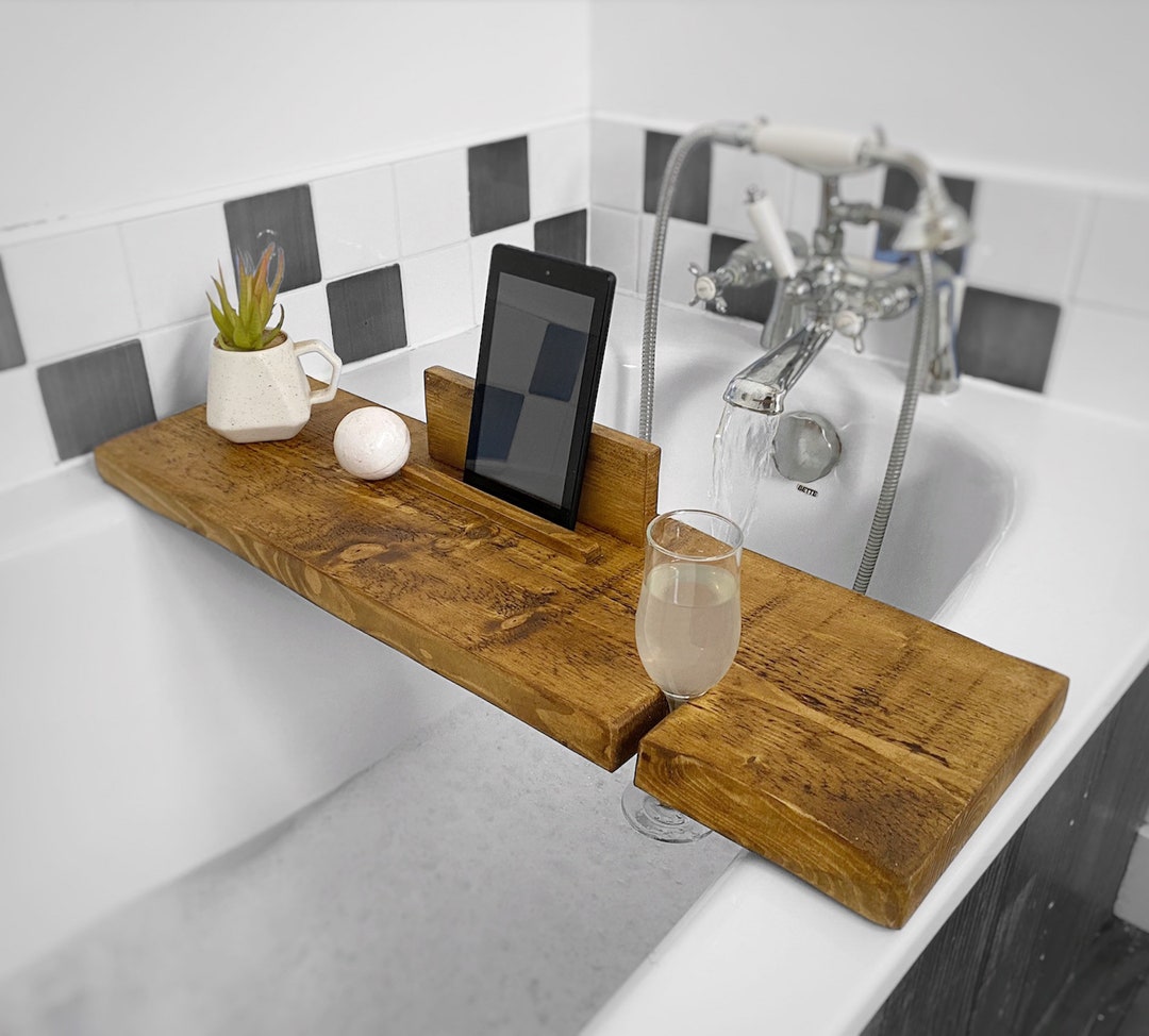 Wooden Bath Caddy, Bath Tray, iPad Stand, Book Shelf, Wine Holder