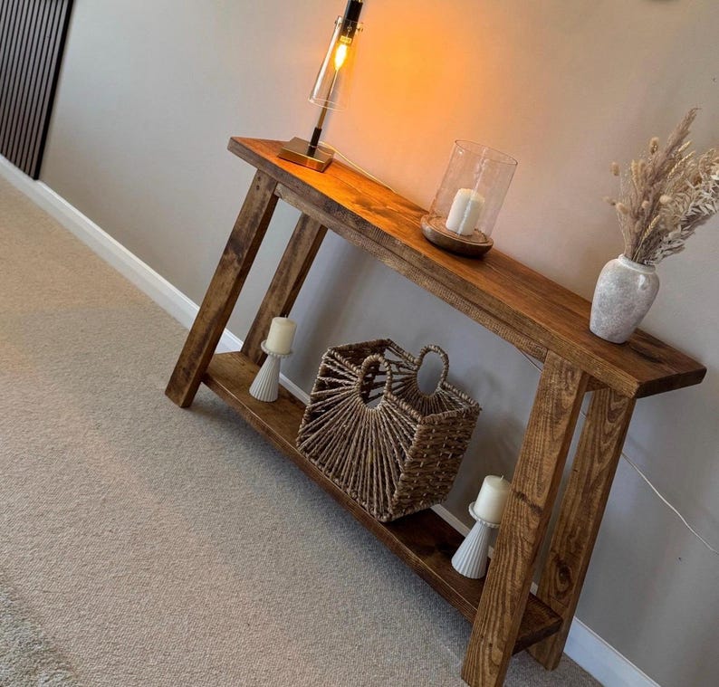 Rustic Wooden Console table with angled legs and lower shelf Bild 8
