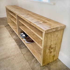 Extra deep & long wooden shoe bench with center support, 30cm deep shoe rack, solid pine shoe store, rustic shoe bench image 2