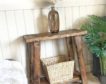 Tall rustic Wooden side table with angled legs and lower shelf