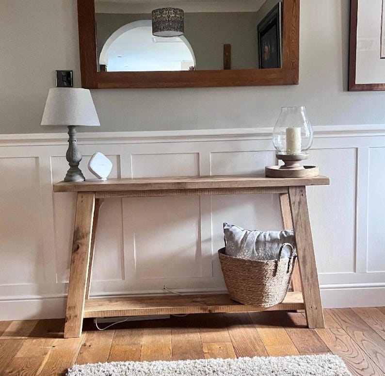 Rustic Wooden Console table with angled legs and lower shelf Bild 7