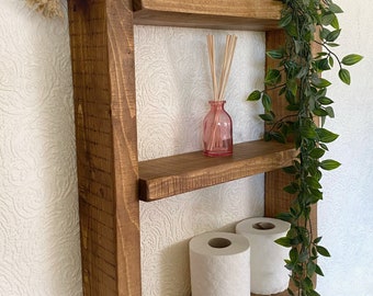 Rustic wooden rope ladder shelf, Bathroom toiletry display.