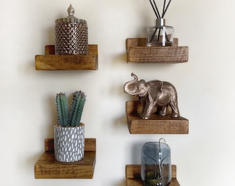 Juego de 5 mini estantes decorativos, estantes de pared con detalles, estante rústico de madera