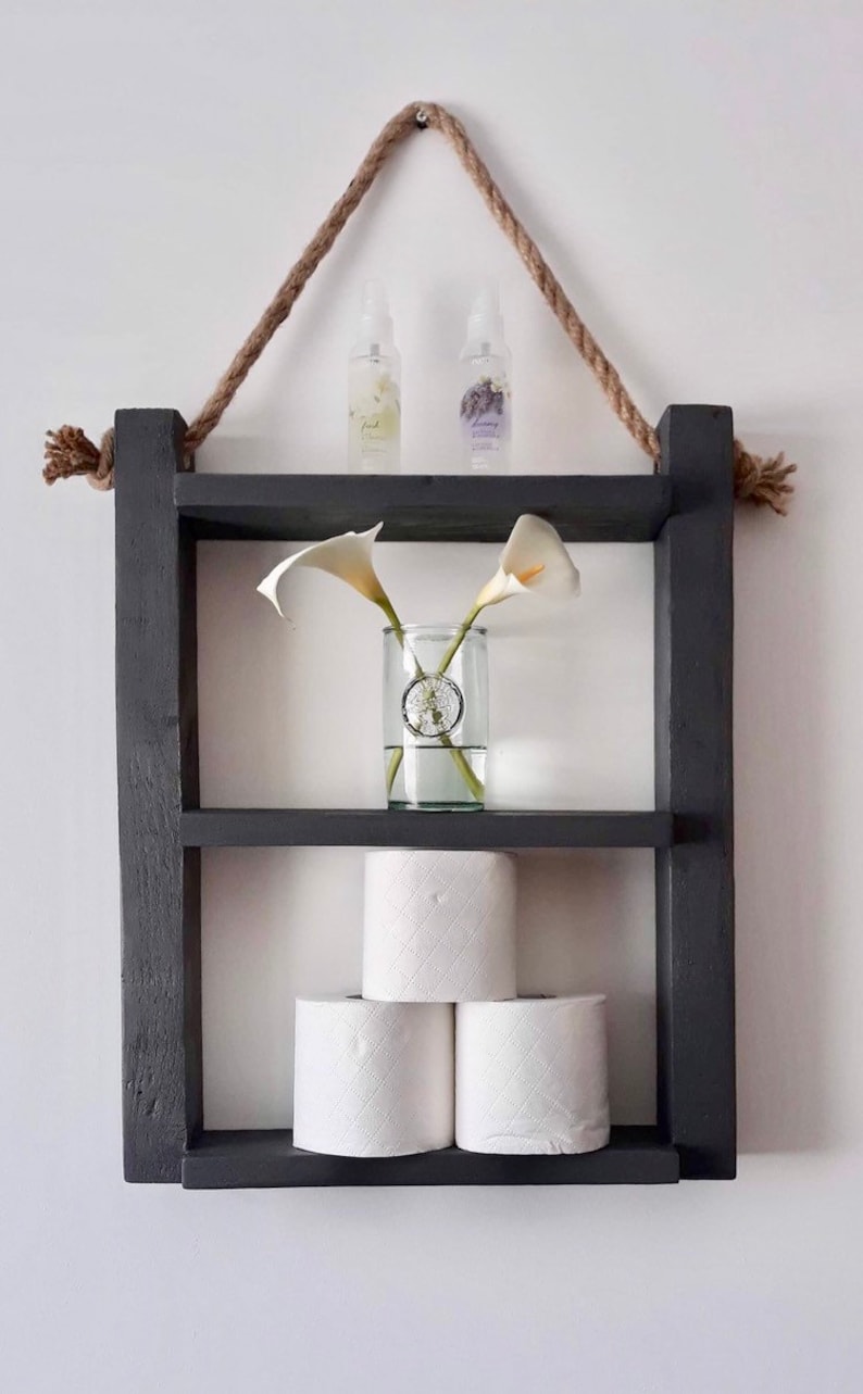 Rustic wooden rope ladder shelf Bathroom toiletry display. Etsy