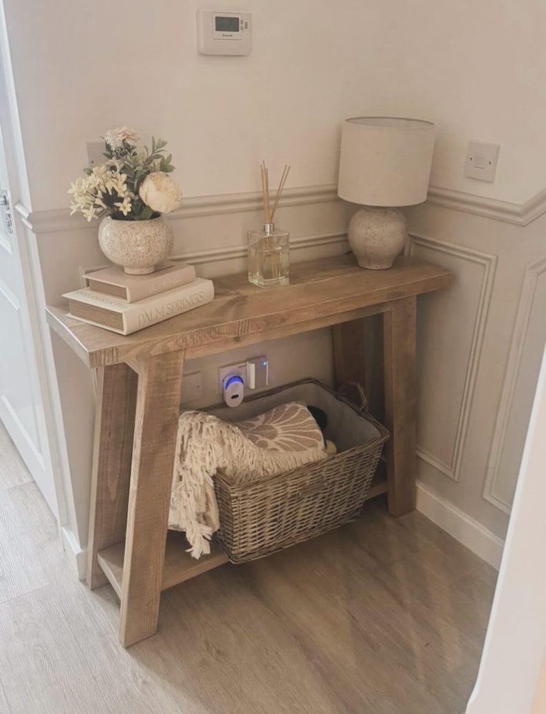 Rustic Wooden Console table with angled legs and lower shelf Bild 6