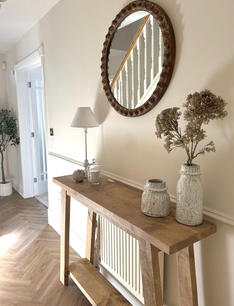 Rustic Wooden Console table with angled legs and lower shelf Bild 9