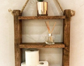 Rustic wooden rope ladder shelf, Bathroom toiletry display.