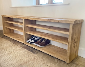 Extra deep & long wooden shoe bench with center support, 30cm deep shoe rack, solid pine shoe store, rustic shoe bench