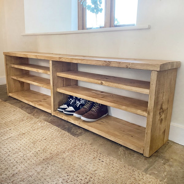 Extra deep & long wooden shoe bench with center support, 30cm deep shoe rack, solid pine shoe store, rustic shoe bench