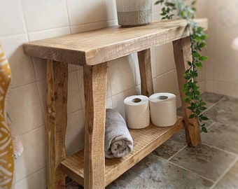 Rustic Pine Wood Side Table with Shelf: Bedside Display Stool