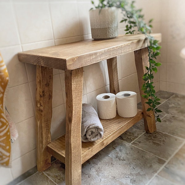 Rustic Wooden side Table with shelf, bathroom display stool, wooden bed side table , ready assembled