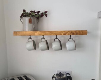 Shelf with cast iron hooks, Coffee Cup Hanger shelf, wooden cup shelf, hidden bracket floating shelf