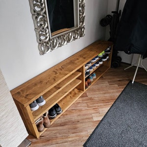 Extra deep & long wooden shoe bench with center support, 30cm deep shoe rack, solid pine shoe store, rustic shoe bench image 5