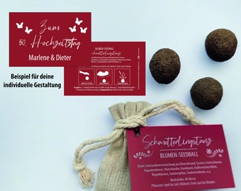 15 x Seedball Gastgeschenk Leinenbeutel | Personalisierte Karte für Hochzeit, Geburtstag oder Jubiläum mit individuellem Text