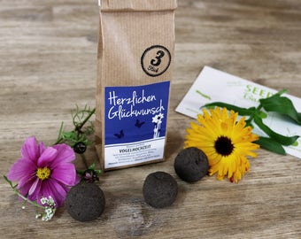 Special-Edition Seedballs 'Vogelhochzeit - Herzlichen Glückwunsch’ - 3er oder 10er Packung Seedbombs mit bunter Blumenmischung