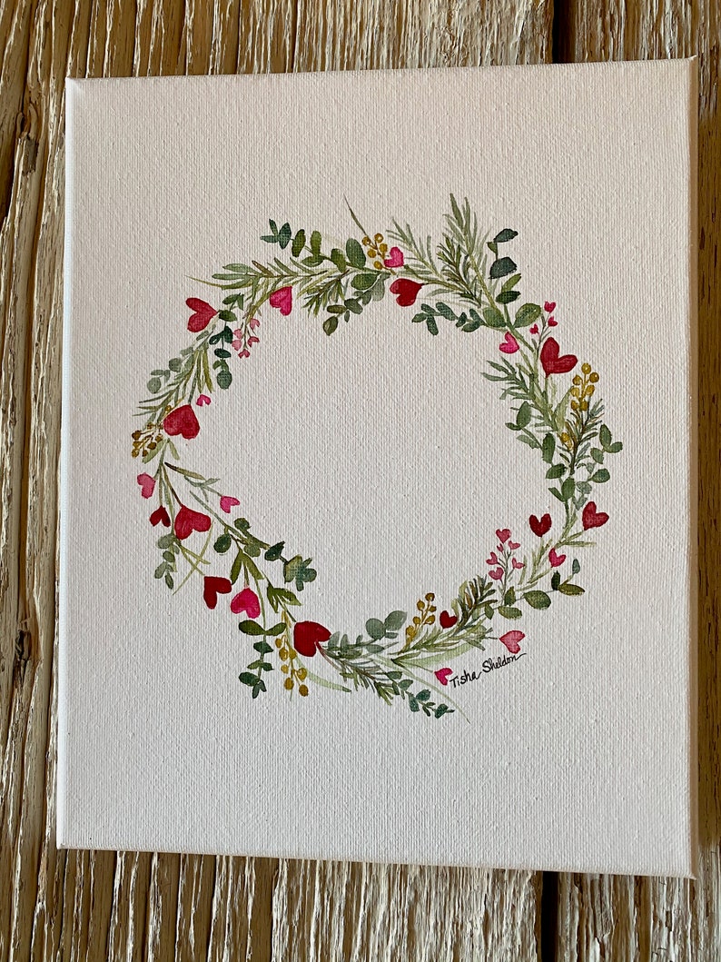 and pink and red heart watercolor on canvas. Wreath herb
