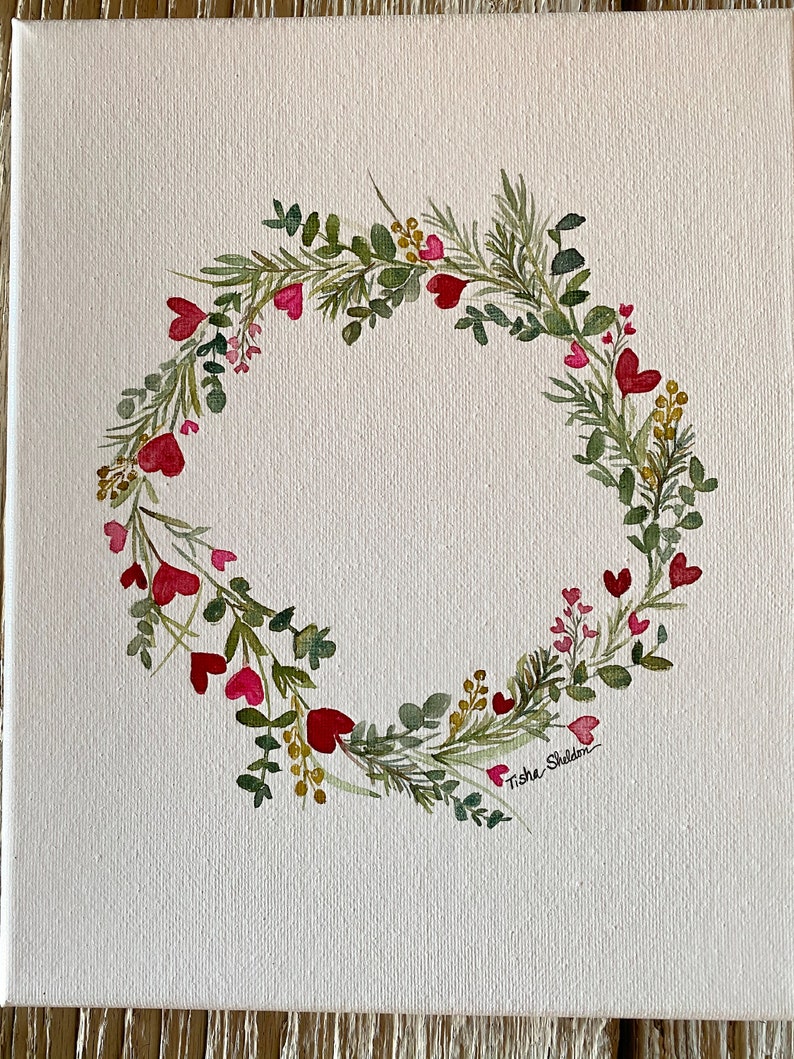 and pink and red heart watercolor on canvas. Wreath herb