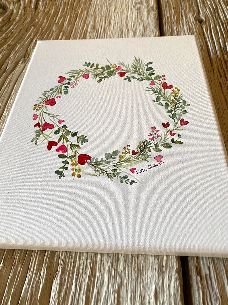 and pink and red heart watercolor on canvas. Wreath herb