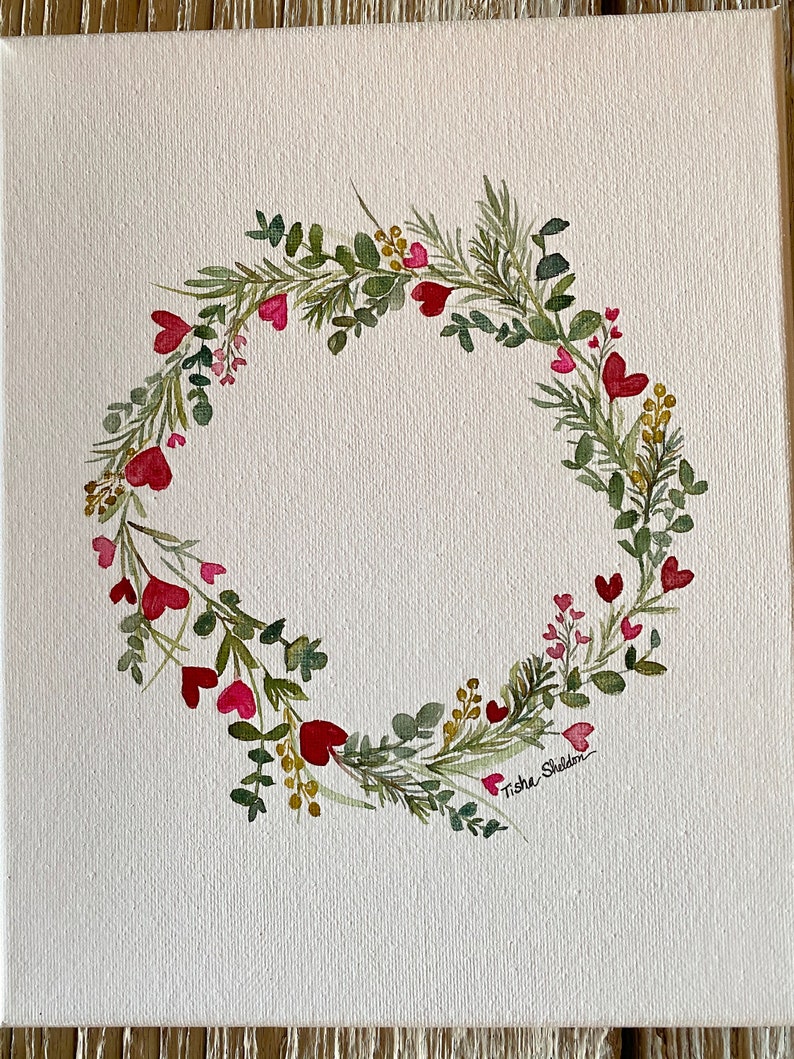 and pink and red heart watercolor on canvas. Wreath herb