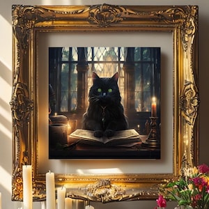 May include: A black cat with green eyes sits on a book in front of a window with candles on a table. The cat is wearing a necklace and has a serious expression.