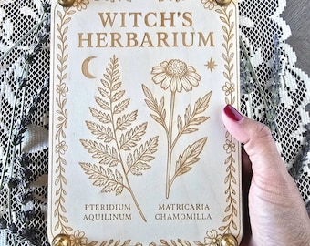 Witch’s Herbarium Flower Press | Engraved Botanical Press | Wooden Plant Press with Brass Hardware | Herbarium Kit | Nature Craft Tool
