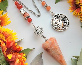 Sunstone Pendulum | Sacred Geometry flower | Carnelian | Sun charm | Angel wing charm