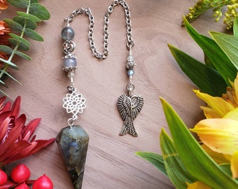 Labradorite Pendulum | Sacred Geometry flower | Chocolate Moonstone | Labradorite | Angel wing charm