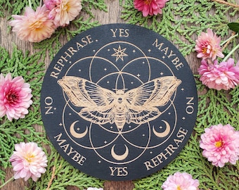 Moth wood pendulum board | Death's-head hawkmoth | Flower of Life | laser engraved | divination | altar tile | black | scrying | dowsing