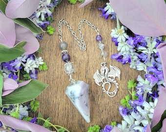 Dendritic Opal Dragon Pendulum | white stone | dragon | Lepidolite | Psychic ability | intuition | divination | scying | dowsing | fairycore
