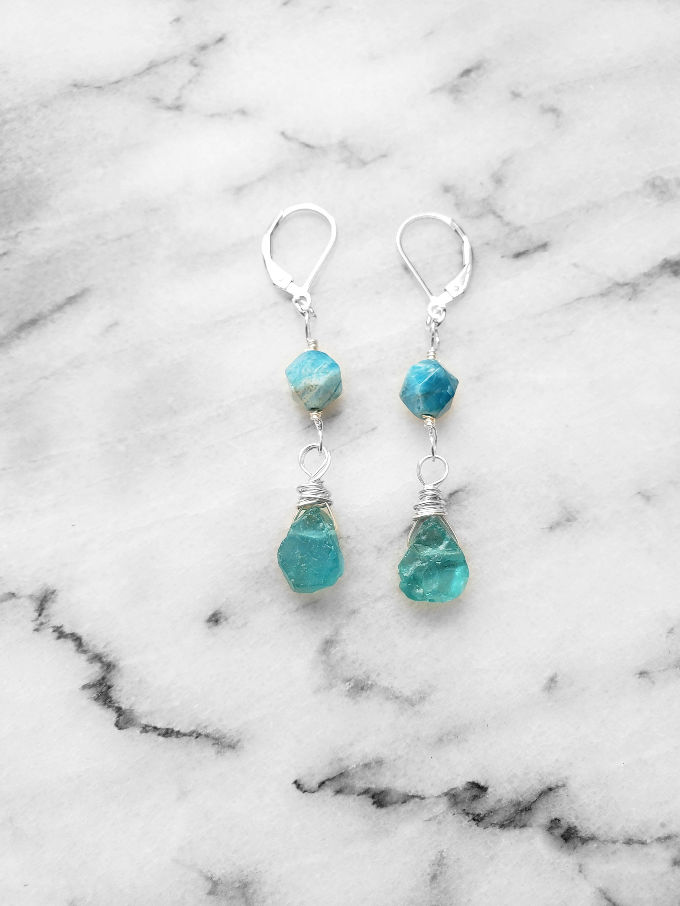 Throat Chakra Apatite Earrings Sterling Silver Wrapped Raw - Etsy