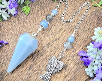 Angelite Angel Wings Pendulum | Blue stone | Labradorite | Psychic ability | intuition | divination | scying | dowsing |