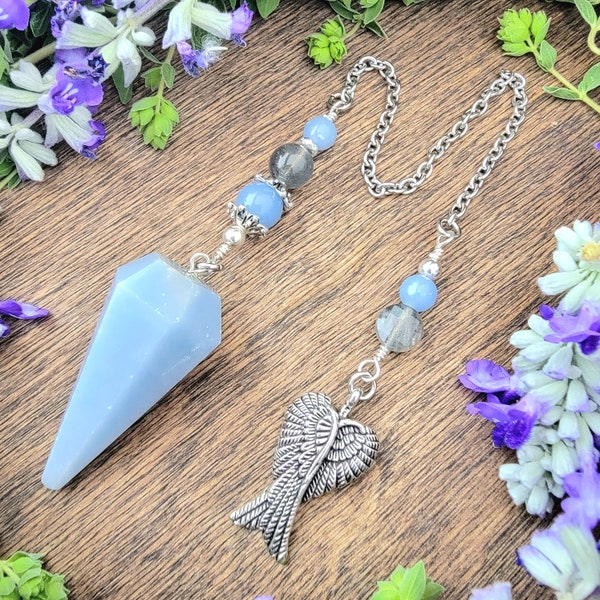 Angelite Angel Wings Pendulum | Blue stone | Labradorite | Psychic ability | intuition | divination | scying | dowsing |