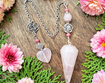 Rose Quartz Pendulum | scrying | divination | Rose bead | rose charm | rose quartz heart | clairvoyance | open third eye | heart protection