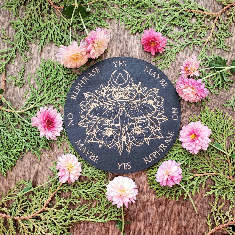 Luna Moth wood pendulum board Moon Moth Magnolia flowers laser engraved divination altar tile black scrying dowsing image 2