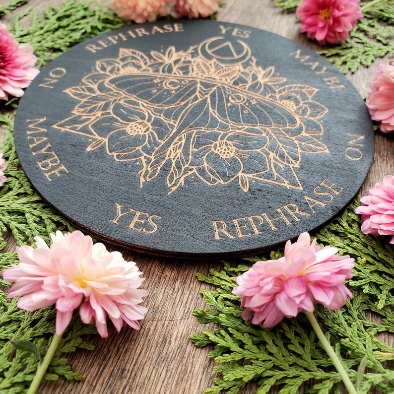 Luna Moth wood pendulum board Moon Moth Magnolia flowers laser engraved divination altar tile black scrying dowsing image 7
