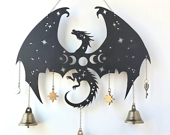 Dragon Witch Bells | wood wall decor hanging |Wood Wall art | Witchy decor | altar | hanging bells
