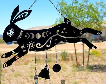 Bunny Witch Bells wood wall decor hanging |Wood Wall art | Witchy decor | Bunny Decor | Ostara Spring Altar | Easter| Halloween | Samhain