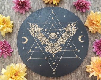 Cosmic Owl Crystal Grid | laser engraved | divination | Samhain | Halloween | Spirit Animal totem